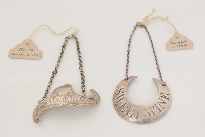 Lot 274 - Two silver wine labels, various designs and makers.