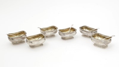 Lot 194 - Set of 6 George III salts; four Scottish saltspoons; and a pair of saltspoons.