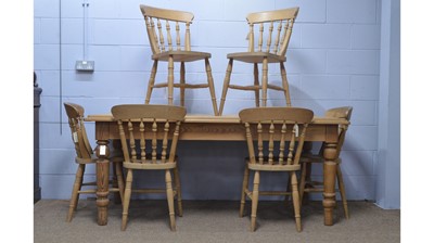 Lot 76 - Modern pine dining table; and six dining chairs, all in the Victorian-style.