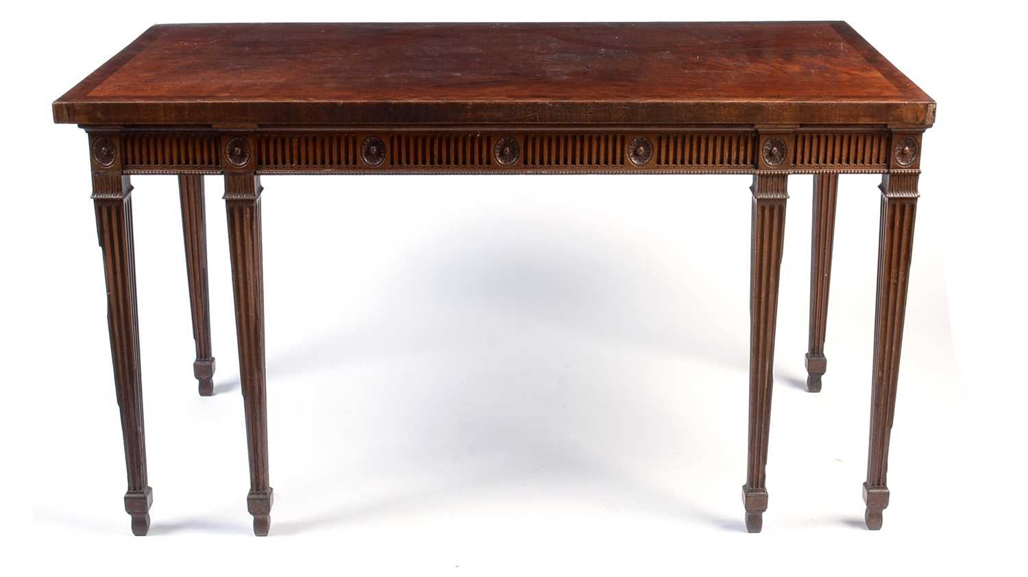 Lot 1112 - Manner of Mayhew & Ince: a George III mahogany and feather banded serving table.