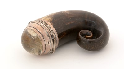 Lot 347 - An early 19th Century Scottish silver-mounted curly horn snuff mull.