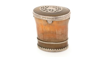 Lot 372 - A George II Scottish silver-mounted translucent horn snuff mull.