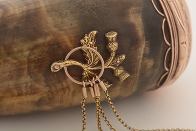 Lot 374 - A George III Scottish gold-mounted curly horn snuff mull.