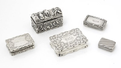 Lot 404 - A late Victorian snuff box; a George V silver box; and three silver vinaigrettes.