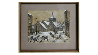 Lot 556 - Norman Cornish - Street Scene with Snow | ink and pastel