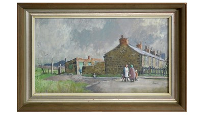 Lot 572 - Norman Cornish - Old Cottages Tudhoe Village, Tudhoe Colliery in the Distance | oil