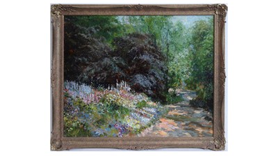 Lot 1114 - Attributed to John Falconar Slater - Woodland Path with Abundant Summer Border | oil