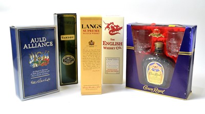 Lot 802 - Five Bottles of whisky - Crown Royal, Auld Alliance, Tamdhu, Langs, English Whisky Co