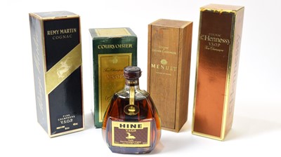 Lot 807 - Five bottles of cognac - Remy Martin, Hennessy, Courvoisier, Menuet & Hine