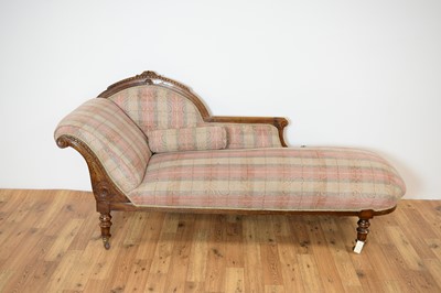 Lot 49 - A 19th C Victorian chaise longue upholstered in floral and tartan polychrome fabric
