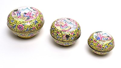 Lot 776 - Three Canton enamel covered bowls.