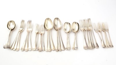 Lot 159 - A George V silver part canteen of Hanoverian flatware; together with four dessert spoons
