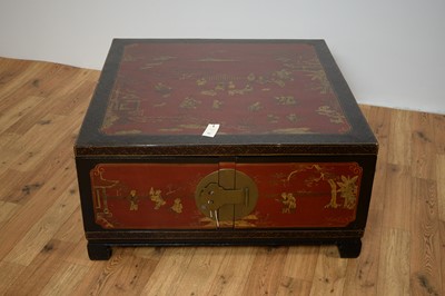 Lot 46 - A 20th Century Chinese oriental red lacquer and gilt detailed table of square form