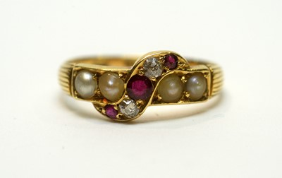 Lot 208 - A ruby, diamond, and pearl ring