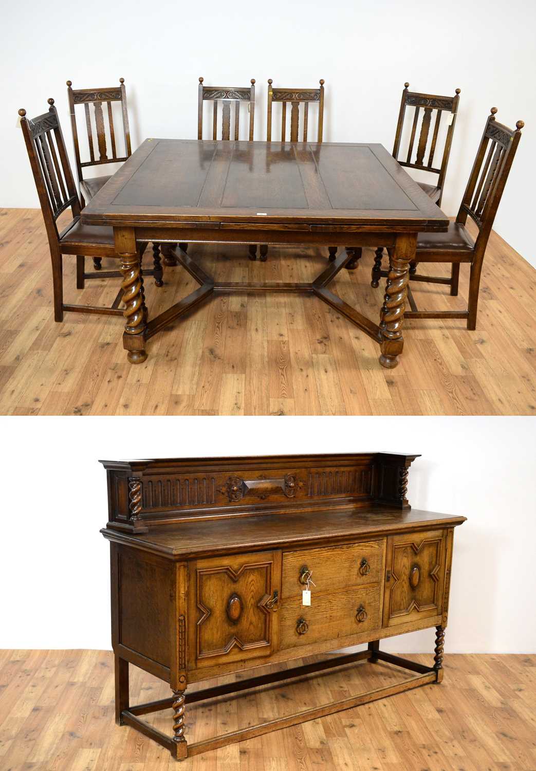 Lot 69 - A 20th Century Jacobean revival oak dining suite