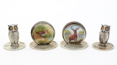 Lot 302 - Two Edwardian silver and enamel menu card holders; and two others