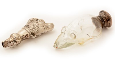 Lot 307 - A George V silver mounted glass scent bottle; and Edwardian silver dog mask whistle