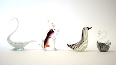 Lot 150 - Murano Hare, three bird ornaments