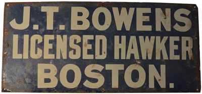 Lot 124 - ﻿An enamel advertising sign, ﻿J.T. Bowens Licenced Hawker, Boston.