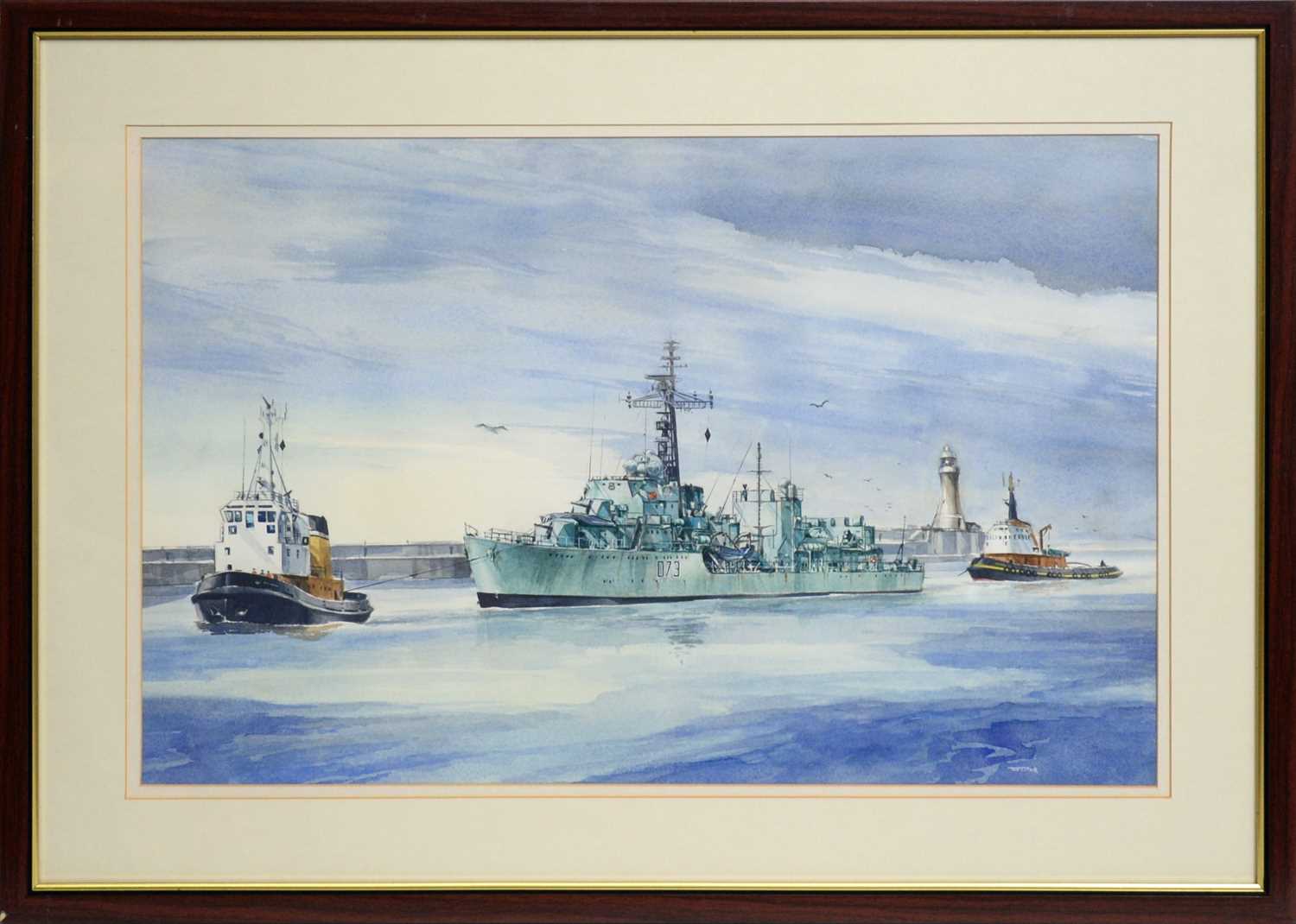 Lot 751 - Tom Dack - HMS Cavalier Entering the Tyne | watercolour