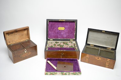 Lot 445 - A Georgian tea caddy; together with a Victorian walnut tea caddy; and a Victorian mahogany workbox