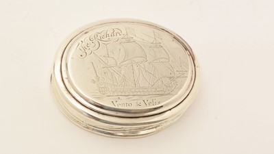 Lot 338 - A Queen Anne silver tobacco box, oval with plain moulded border
