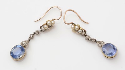 Lot 437 - A fine pair of Victorian sapphire, diamond and seed pearl drop earrings