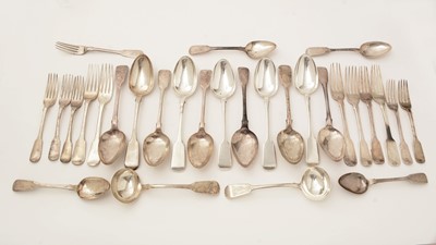 Lot 143 - A quantity of antique silver fiddle-pattern flatware