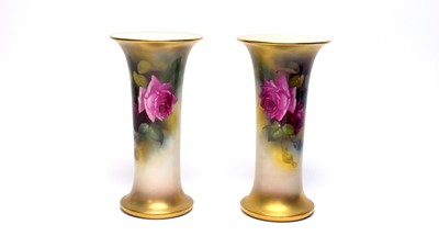Lot 871 - Pair of Royal Worcester rose painted vases by M Hunt