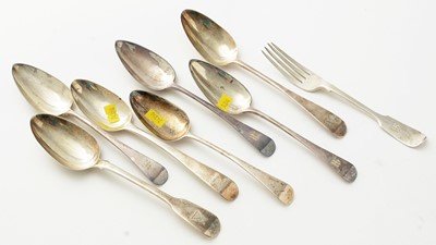 Lot 95 - Seven Georgian silver table spoons in Old English pattern