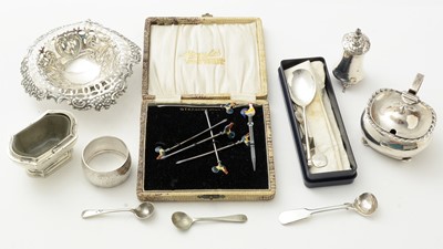 Lot 112 - Five silver and enamel cockerel pattern cocktail sticks and other items