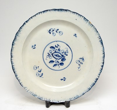 Lot 896 - Pearlware charger, three plates, écuelle cover and stand