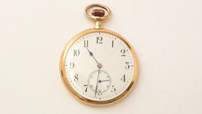 Lot 157 - An 18ct yellow gold Swiss open faced pocket watch