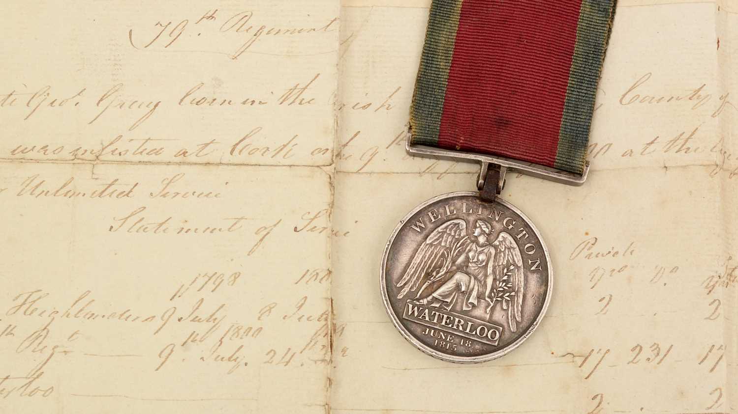 Lot 977 - Waterloo Medal awarded to George Gray, 1st Battalion 79th Regiment of Foot (Cameron Highlanders)