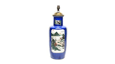 Lot 824 - A Chinese powder blue ground rouleau vase as a lamp