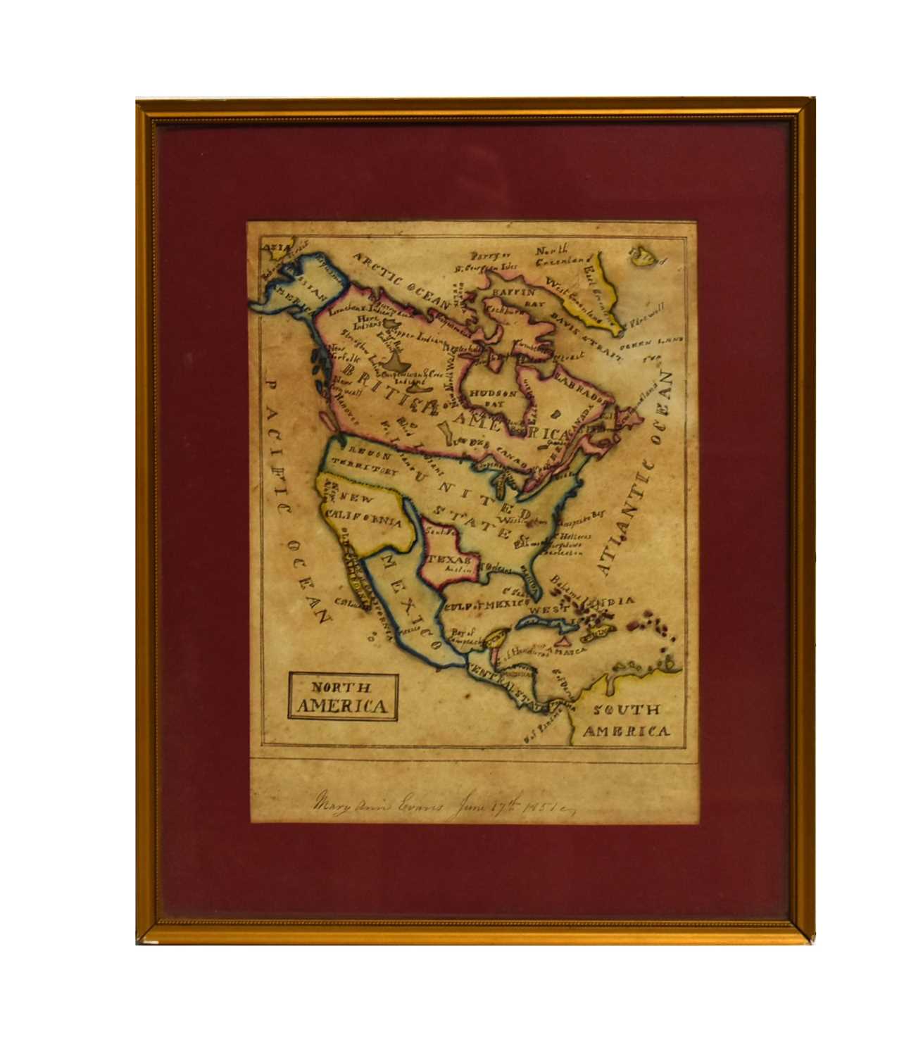 Lot 701 - Mary Ann Evans - 1851 pre-Civil War manuscript map of early America | pen and ink & watercolour