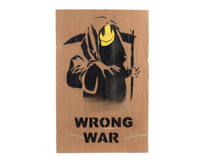 Lot 143 - BANKSY - "Grim Reaper" Anti-Iraq War Protest March Plaqard | spray paint on cardboard