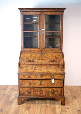 Lot 42 - A Queen Anne burr walnut and walnut bureau bookcase