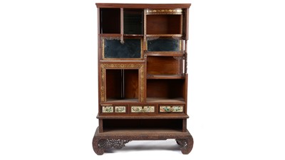 Lot 1484 - A Japanese carved and inlaid hardwood shodana (cabinet)