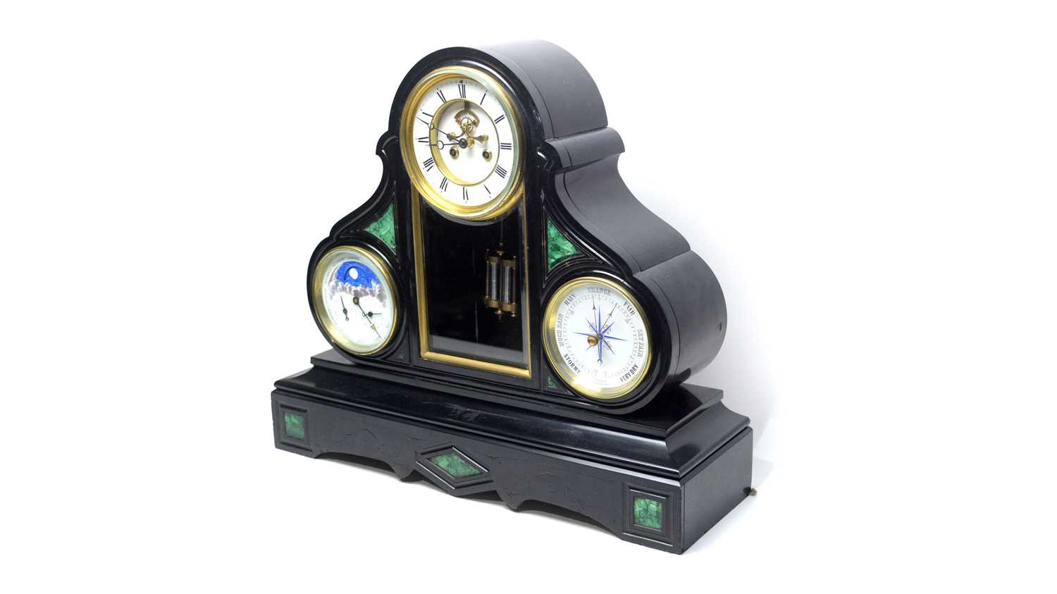 Lot 863 - A French black slate day/date triple dial mantel clock, c.1870