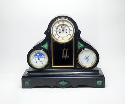 Lot 863 - A French black slate day/date triple dial mantel clock, c.1870