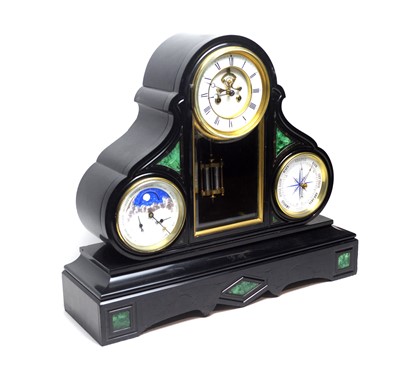 Lot 863 - A French black slate day/date triple dial mantel clock, c.1870