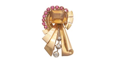 Lot 768 - A mid-20th Century citrine, ruby and diamond fur clip brooch