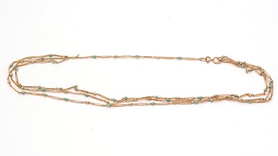 Lot 127 - A turquoise, seed pearl and yellow gold fancy link chain necklace