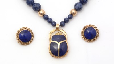 Lot 663 - An Egyptian lapis lazuli and gold necklace, and a pair of earrings