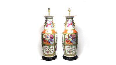 Lot 823 - Pair of famille rose vases as lamps