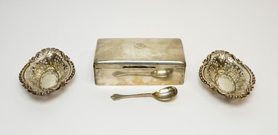 Lot 242 - A silver cigarette box, by Cohen & Charles; and other silver items