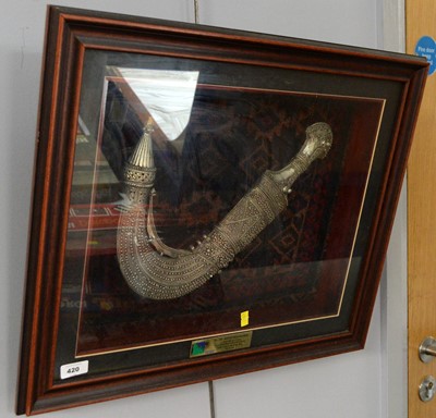 Lot 420 - An Arab Jambiya dagger in display case, and others
