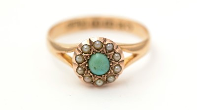 Lot 135 - A Victorian turquoise and seed pearl cluster ring