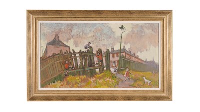 Lot 691 - Norman Stansfield Cornish - Boys Climbing a Fence | oil